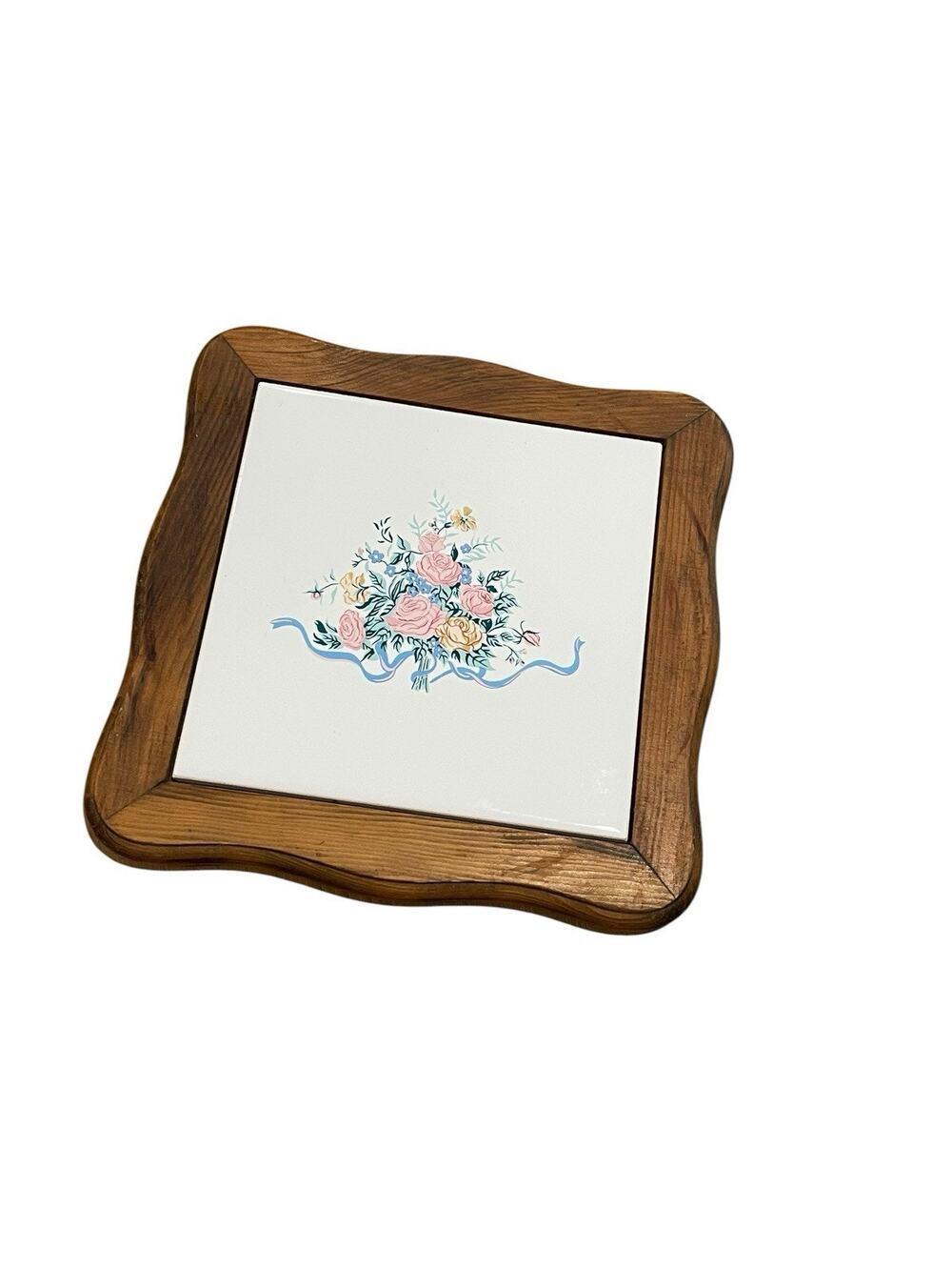 Vintage Floral Ceramic Tile Wood Trivet 8" Cottagecore Farmhouse Decor